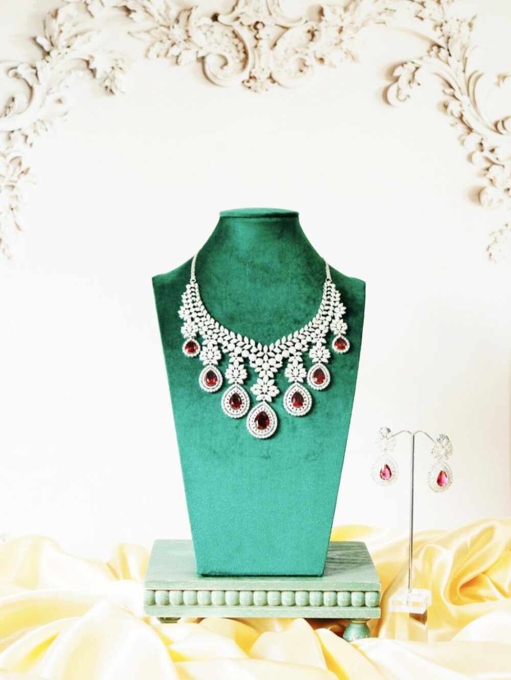 Elegant Women's Silver Necklace Set with Red Gemstones Brand Sama Heritage
